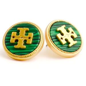 Tory Burch semiprecious green round button stud logo earrings